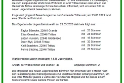 24.03.2023 Amtliche Bekanntmachung Ergebnis Jugendbeiratswahl Gemeinde Trittau 2023