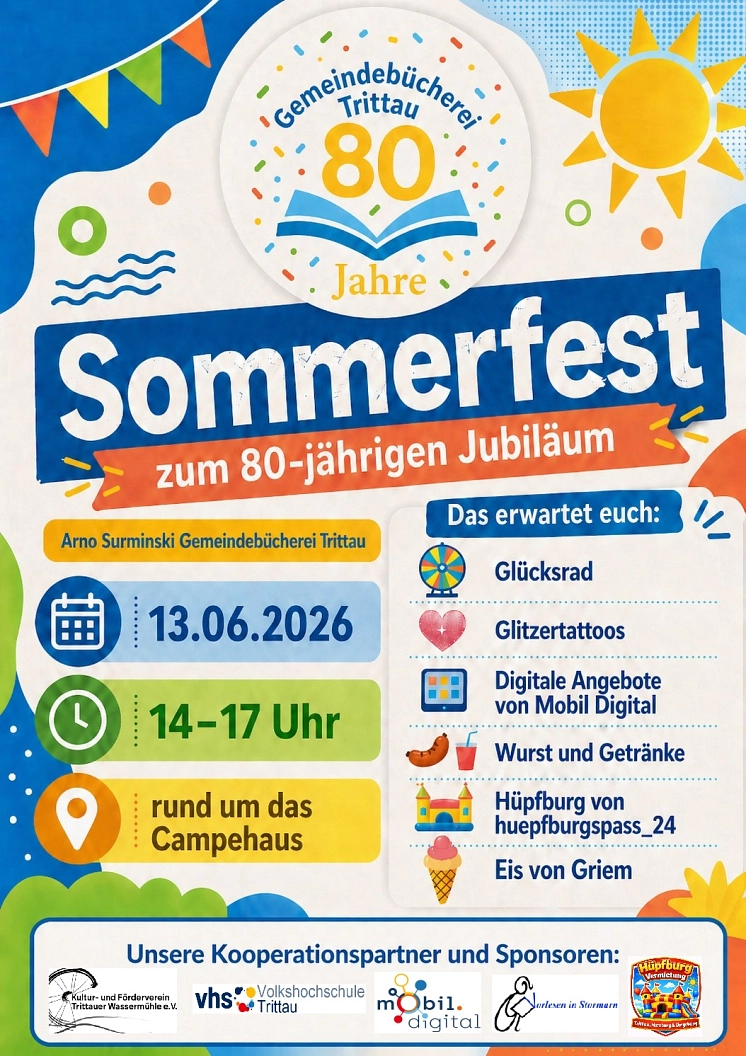 Auf dem Plakat sind die Informationen zum Sommerfest zu sehen. Datum: 13.06.2026, Uhrzeit: 14-17 Uhr, Ort: Campehaus