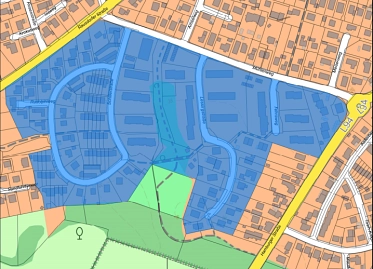 Kartenausschnitt des Dichterviertels mit blau markiertem Quartiersgebiet für das Quartierskonzept.&nbsp;&copy;&nbsp;Amt Trittau